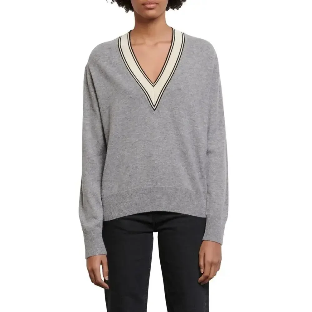 Sandro Camie Contrast V-Neck Sweater Gray Size 2 - Picture 7 of 7